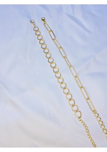 Kadın Altın Kaplama Ikili Zincir Kombin Bileklik Seti