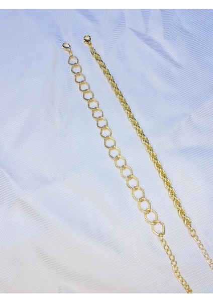 Kadın Altın Kaplama Ikili Zincir Kombin Bileklik Seti