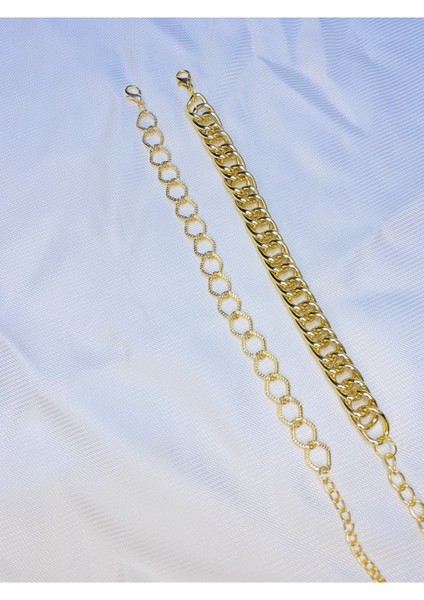 Kadın Altın Kaplama Ikili Zincir Kombin Bileklik Seti