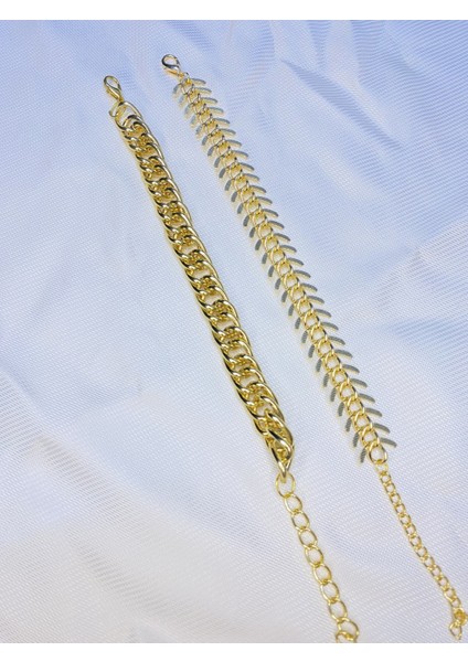 Kadın Altın Kaplama Ikili Zincir Kombin Bileklik Seti