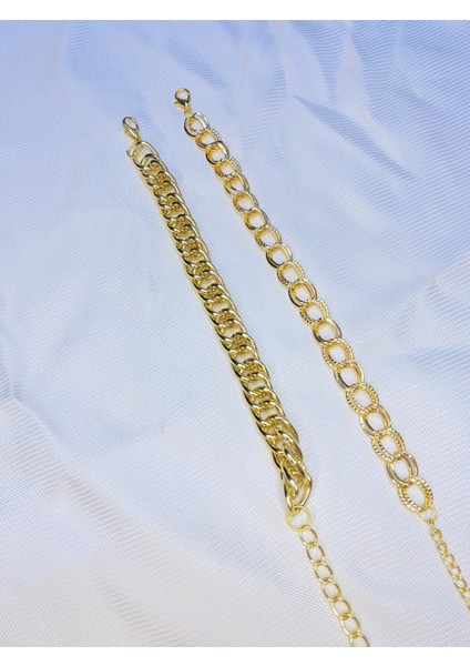 Kadın Altın Kaplama Ikili Zincir Kombin Bileklik Seti