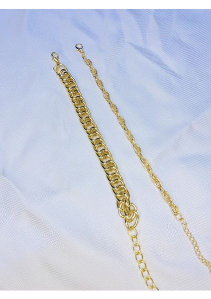 Kadın Altın Kaplama Ikili Zincir Kombin Bileklik Seti