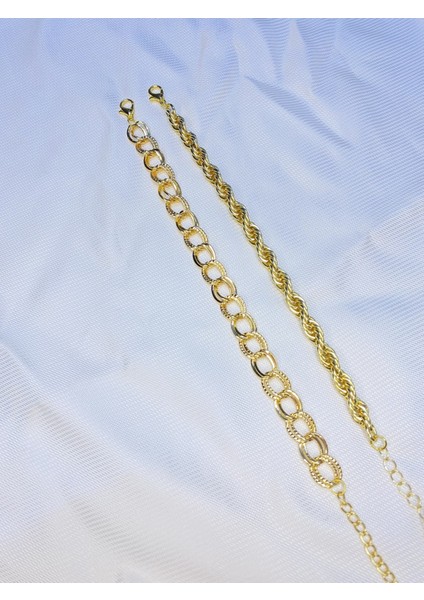 Kadın Altın Kaplama Ikili Zincir Kombin Bileklik Seti