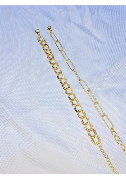 Kadın Altın Kaplama Ikili Zincir Kombin Bileklik Seti