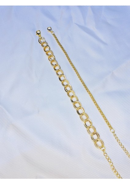 Kadın Altın Kaplama Ikili Zincir Kombin Bileklik Seti