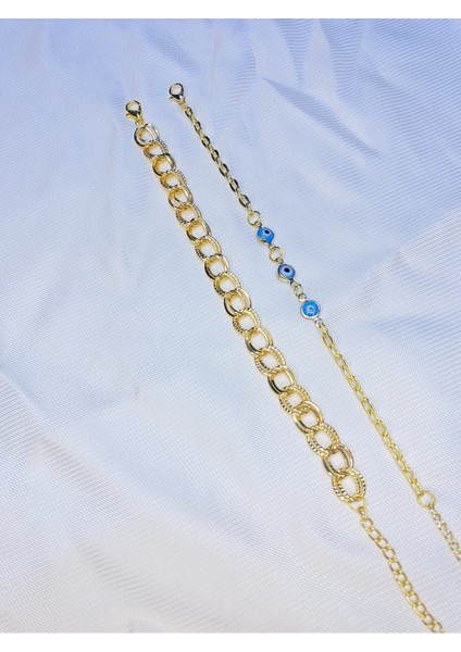 Kadın Altın Kaplama Ikili Zincir Kombin Bileklik Seti