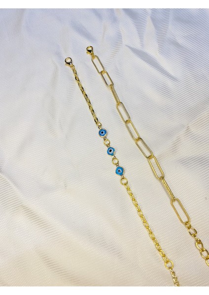 Kadın Altın Kaplama Ikili Zincir Kombin Bileklik Seti