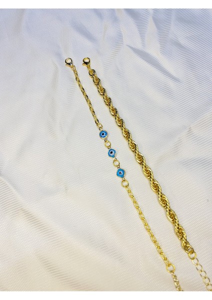 Kadın Altın Kaplama Ikili Zincir Kombin Bileklik Seti