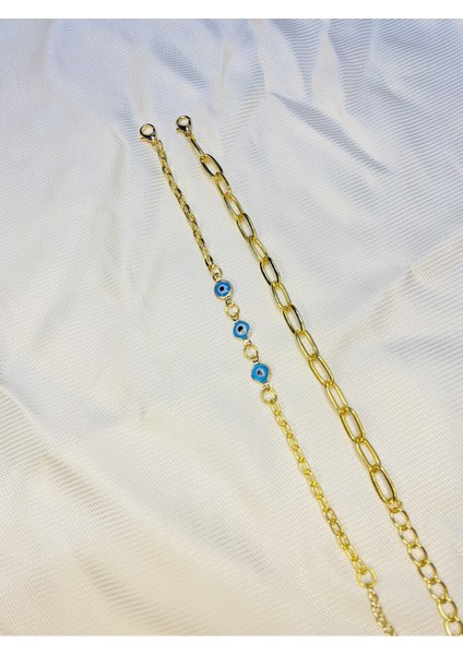 Kadın Altın Kaplama Ikili Zincir Kombin Bileklik Seti