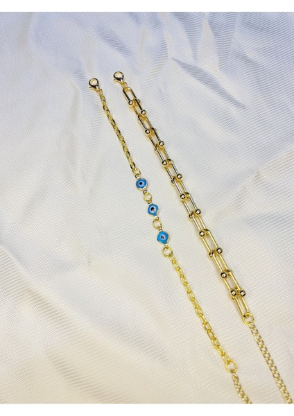 Kadın Altın Kaplama Ikili Zincir Kombin Bileklik Seti