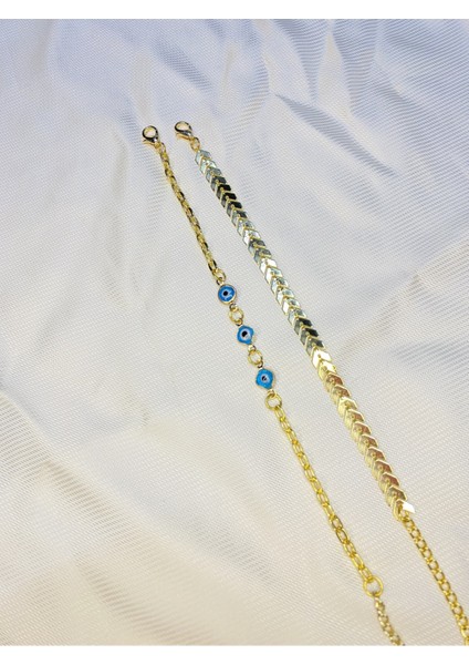 Kadın Altın Kaplama Ikili Zincir Kombin Bileklik Seti