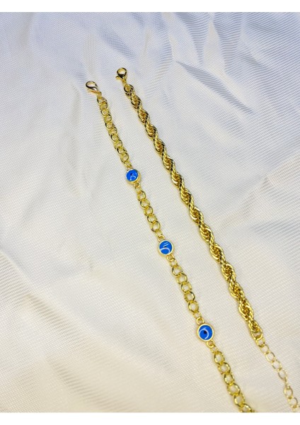 Kadın Altın Kaplama Ikili Zincir Kombin Bileklik Seti