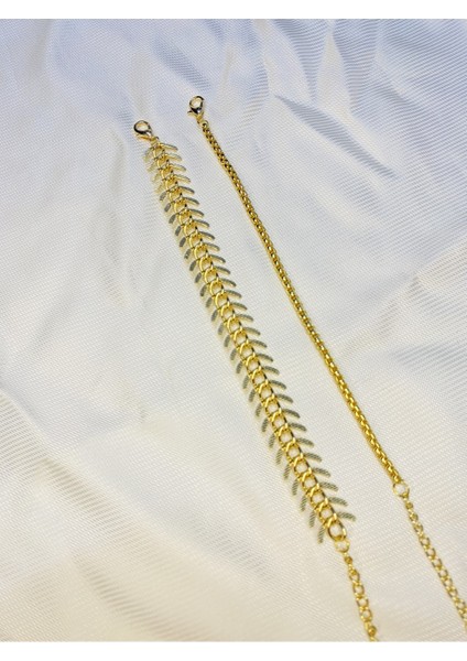 Kadın Altın Kaplama Ikili Zincir Kombin Bileklik Seti