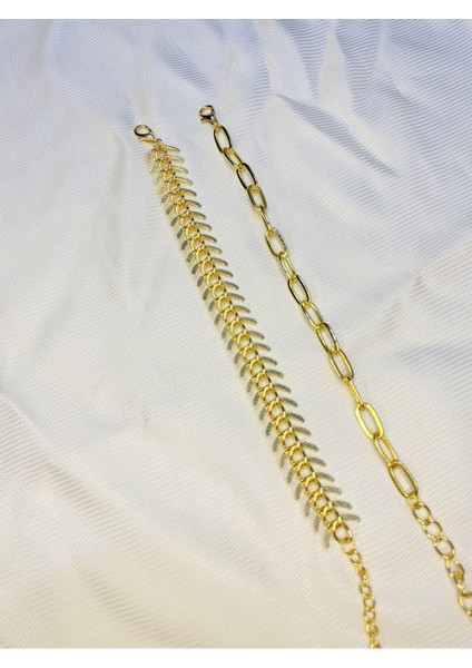 Kadın Altın Kaplama Ikili Zincir Kombin Bileklik Seti