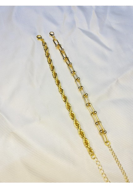 Kadın Altın Kaplama Ikili Zincir Kombin Bileklik Seti