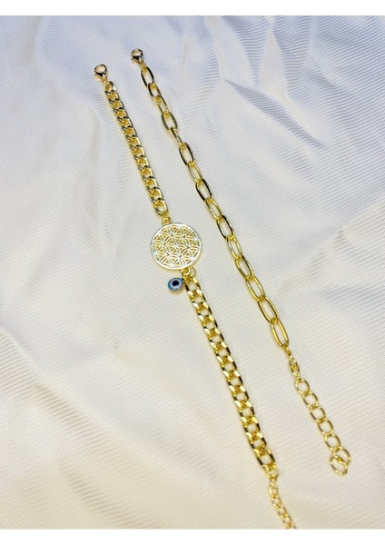 Kadın Altın Kaplama Ikili Zincir Kombin Bileklik Seti