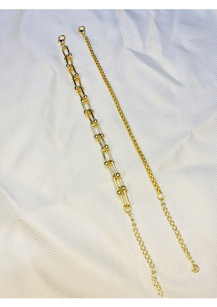 Kadın Altın Kaplama Ikili Zincir Kombin Bileklik Seti