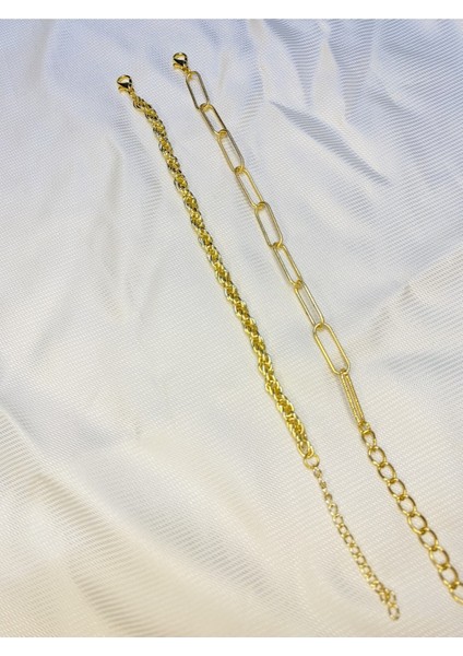 Kadın Altın Kaplama Ikili Zincir Kombin Bileklik Seti
