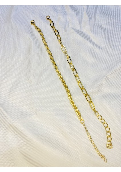 Kadın Altın Kaplama Ikili Zincir Kombin Bileklik Seti