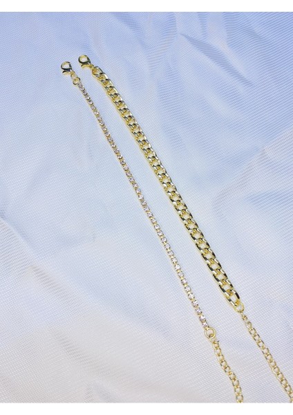 Kadın Altın Kaplama Ikili Zincir Kombin Bileklik Seti