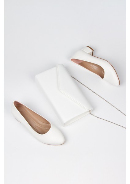 Kadın Beyaz Kısa Topuklu Stiletto Ayakkabı Çanta Takımı