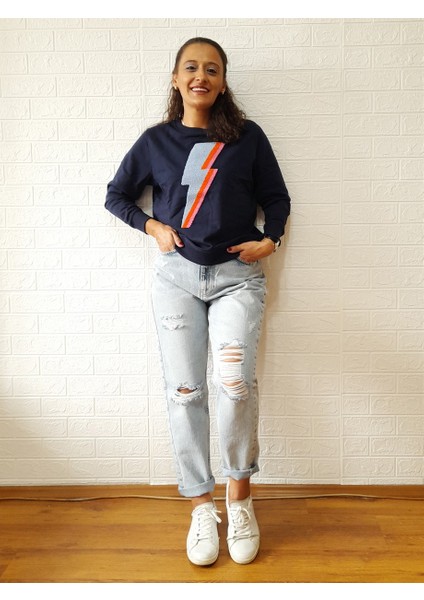 Lacivert Şardonlu Punch Işlemeli Sweatshirt