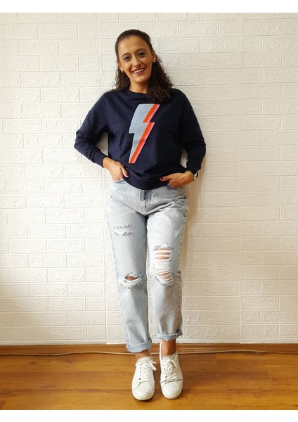 Lacivert Şardonlu Punch Işlemeli Sweatshirt modelleri