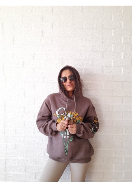 Kahverengi Şardonlu Kapüşonlu Oversize Sweatshirt