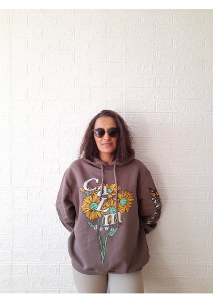 Kahverengi Şardonlu Kapüşonlu Oversize Sweatshirt