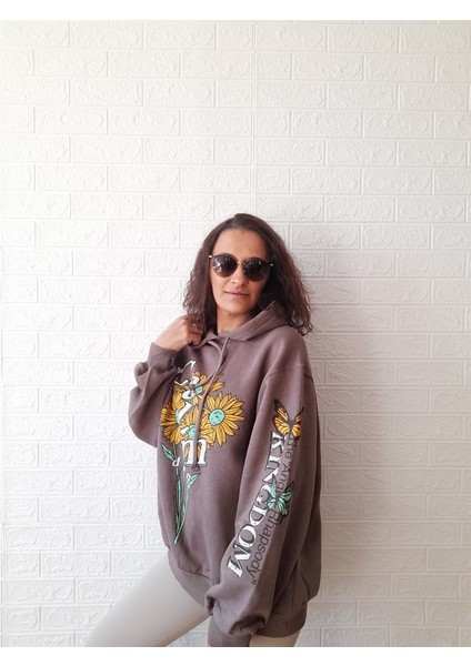Kahverengi Şardonlu Kapüşonlu Oversize Sweatshirt