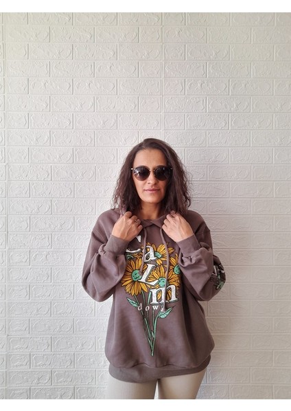 Kahverengi Şardonlu Kapüşonlu Oversize Sweatshirt