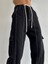 Kadın Siyah Kargo Cep Line Palazzo Jean Denim Pantolon 2