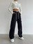 Kadın Siyah Kargo Cep Line Palazzo Jean Denim Pantolon 5