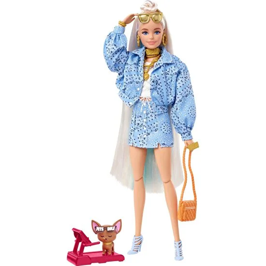 Barbie Extra Bebek No. 16 ve Hayvan Dostu Yavru Köpek, Ekstra Uzun Saçlı ve Bükülebilen Esnek Eklemli, 3 Yaş ve Üzeri Hhn08