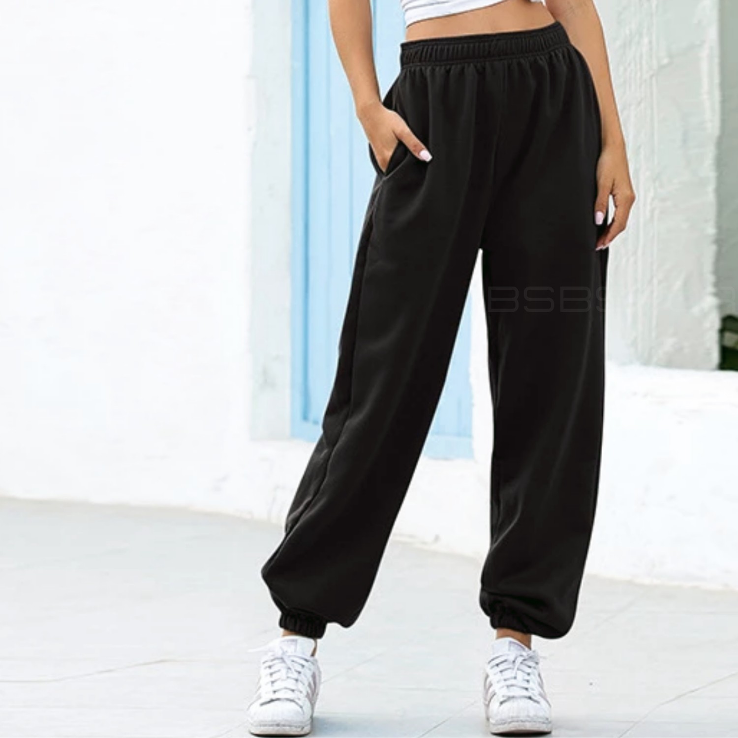 BSBSPOR Yazlık Bol Kesim Kadın Siyah Oversize Eşofman Altı Lastikli Paça Jogger Günlük
