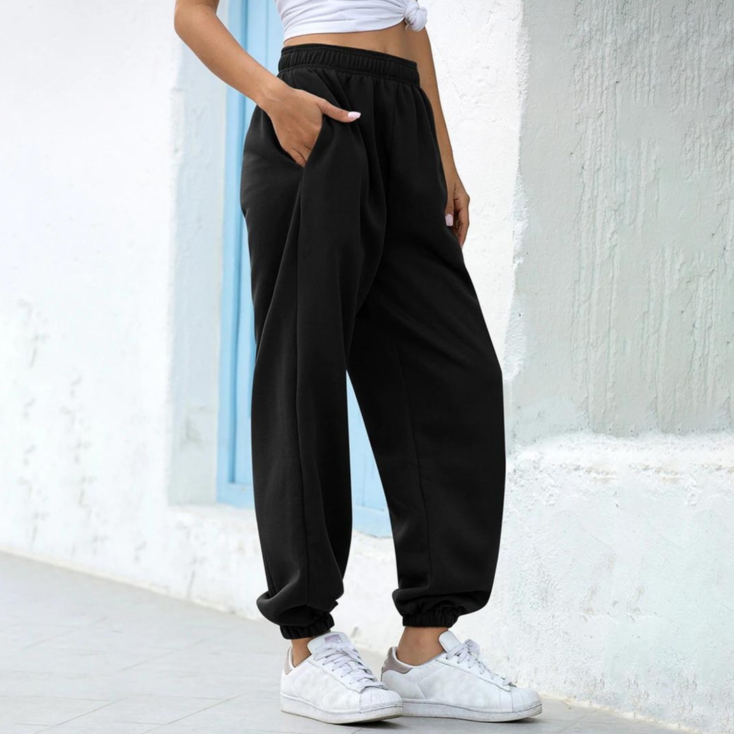 BSBSPOR Yazlık Bol Kesim Kadın Siyah Oversize Eşofman Altı Lastikli Paça Jogger Günlük görsel 3