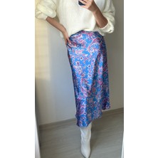 Julishop Kadın Çok Renkli Desenli Pamuk Saten Midi Etek