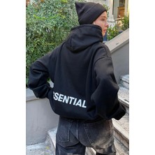 Siyah Essentials Arka Baskılı Kapüşonlu Içi Pamuklu Kadın Sweatshirt