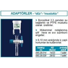 Isolab 065.28.014 Adaptör  Düz  Musluklu  Çap 8 mm  Dişi Şilif : Ns 14/23 1 Adet