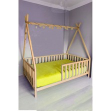 Hft Home Çatılı Unisex Montessori Bebek ve Çocuk Karyolası Doğal Ahşap Yatak