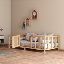 Hft Home Kapılı Unisex Montessori Bebek ve Çocuk Karyolası Doğal Ahşap Yatak