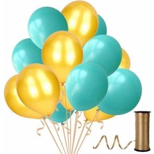 Hknys 50 Adet Metalik Sedefli Su Yeşili-Altın Balon, Helyumla Uçan-Dogum Günü-Parti