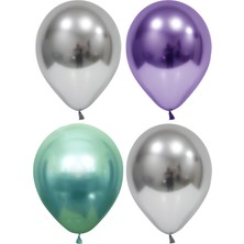Hknys 50 Adet Gümüş Mor Yeşil  Krom Balon (Aynalı Balon)