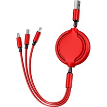 SooPii S28-RED 20CM-120CM Makaralı Uzayabilen Type-MicroB, Type-C, Lightning 3A Çoklu Şarj ve Data Kablosu