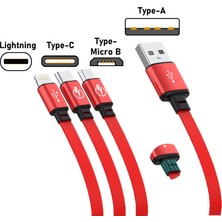 SooPii S28-RED 20CM-120CM Makaralı Uzayabilen Type-MicroB, Type-C, Lightning 3A Çoklu Şarj ve Data Kablosu