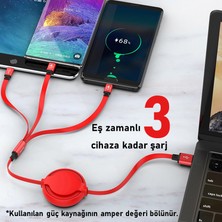 SooPii S28-RED 20CM-120CM Makaralı Uzayabilen Type-MicroB, Type-C, Lightning 3A Çoklu Şarj ve Data Kablosu