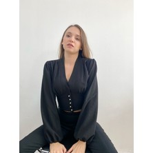 Mois Atelier Siyah Crop Top Bluz Gömlek, Tasarım, Büyük Beden