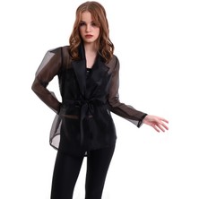 Mois Atelier Siyah Kuşaklı Organze Şifon Tül Kadın Ceket, Tasarım, Hediye, Büyük Beden, Tesettür