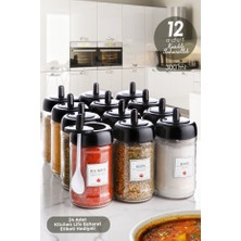 Kitchen Life 12 Adet Kapağı Kendinden Kaşıklı ve Etiketli Baharatlık Seti 300 ml Etiketli Cam Baharat Takımı