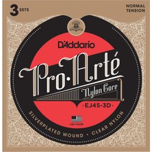 D'Addario EJ45-3D 3&apos;lü Paket, Klasik Gitar Tel Seti, Pro-Arte, Sılve
